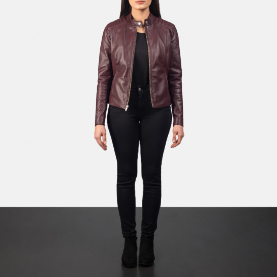 Real Leather Kelsee Maroon Leather Biker Jacket